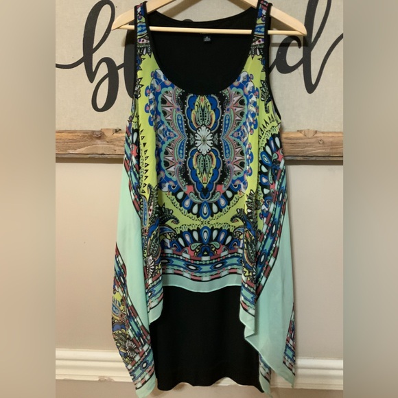 SLNY Women’s Printed Whimsy Vibrant Sheer Overlay Shift Dress Size 12 NWOT - Picture 1 of 4